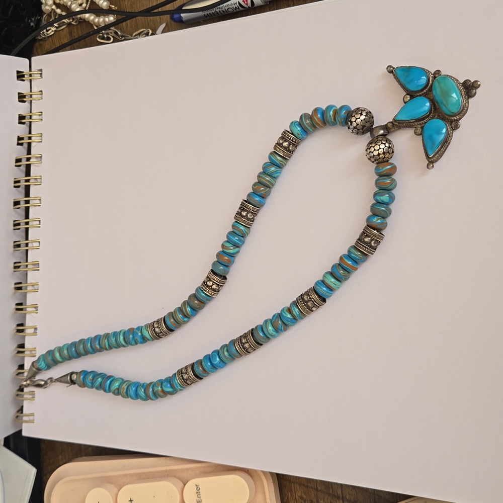Sterling Silver Turquoise and Bead Bearclaw Style Native Necklace